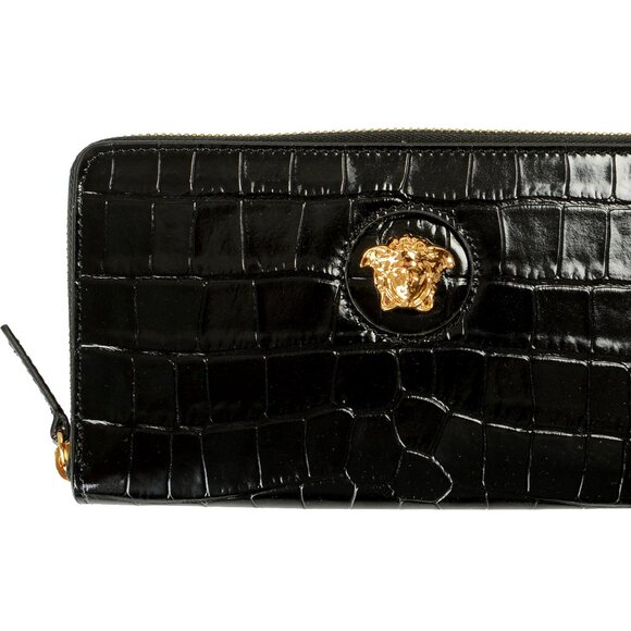 Versace Women's 100% Leather Croc Print Gold Medusa Head Zip Around Wallet - Picture 1 of 6